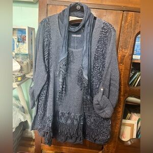 Knitted Lace Crochet Ruffle Hem Sweater With Scarf XL